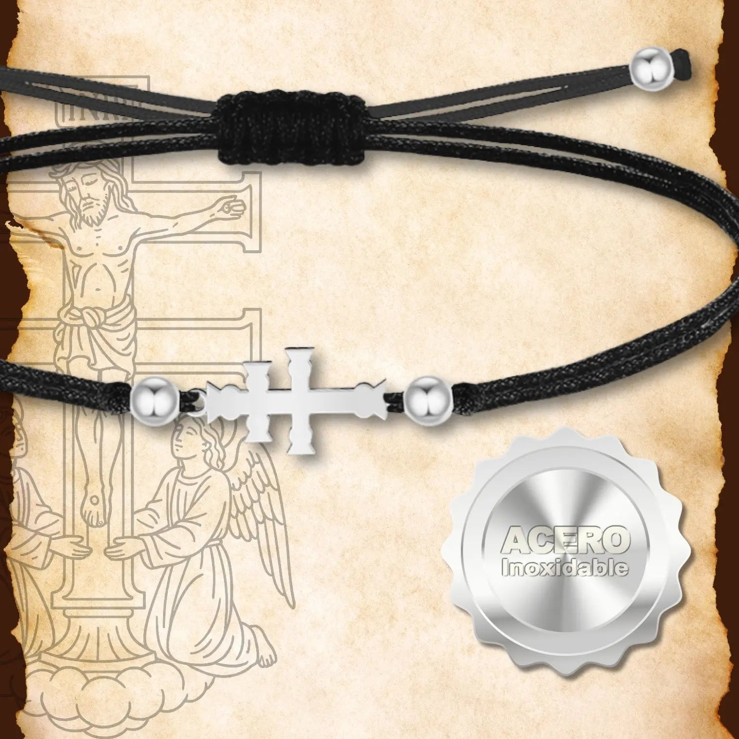 Pulsera Hilo Negro Cruz de Caravaca en Acero Plateado - cotigo