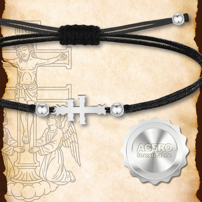 Pulsera Hilo encerado con Cruz Caravaca Acero Color Plateado