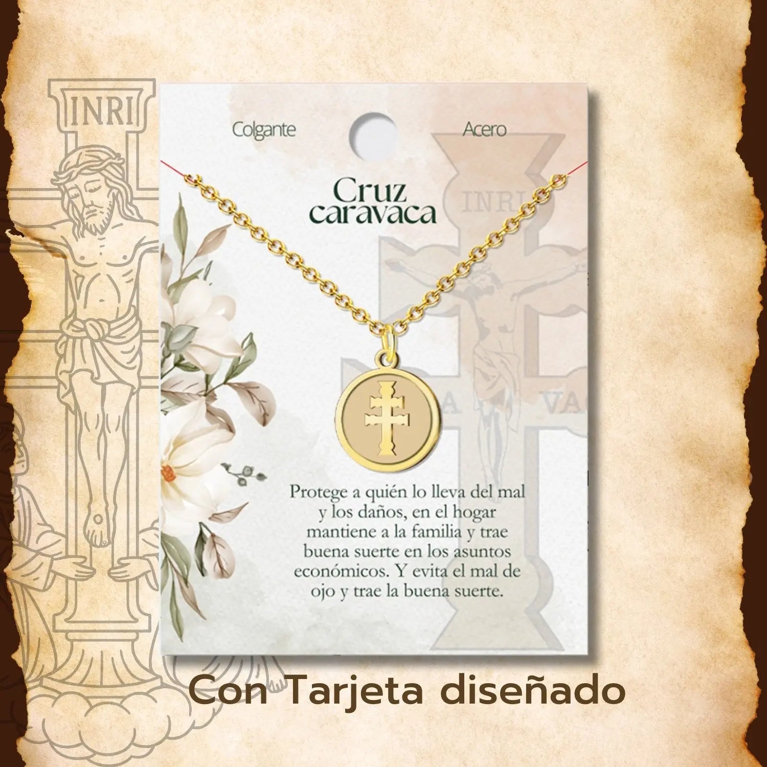 Medalla Cruz de Caravaca en Acero Inoxidable Dorado - cotigo
