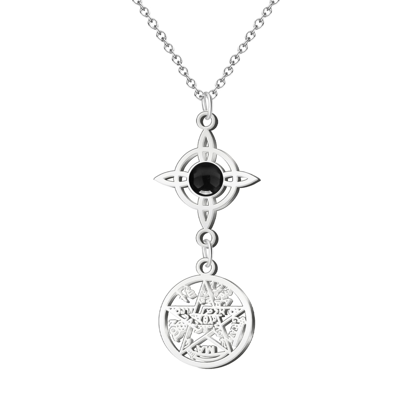 Colgante Tetragrammatón con Nudo de Bruja y Ágata Negra – Protección Profunda y Estabilidad en Acero Inoxidable