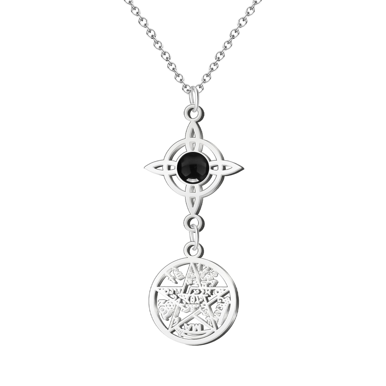 Colgante de acero plateado con Nudo de Bruja conteniendo una piedra Ágata Negra natural y medalla del Tetragrammatón. Amuleto de protección extrema y anclaje a tierra.