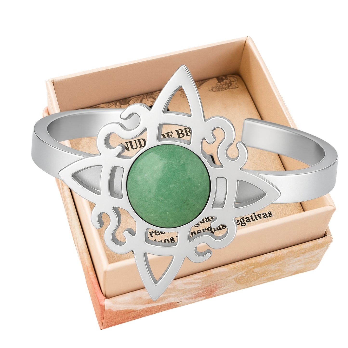 Anillo Nudo de Bruja Acero Plateado con Aventurina Verde