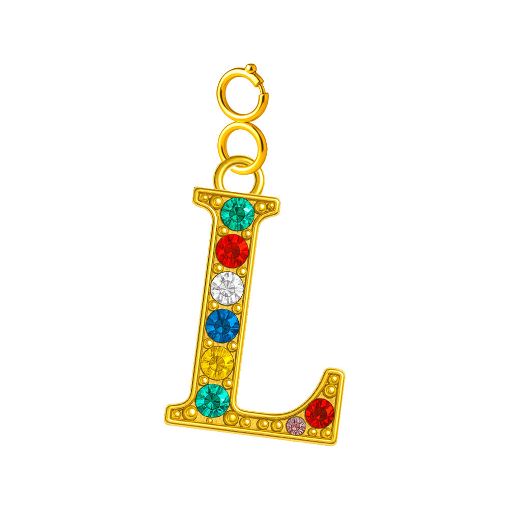 Charm colgante de letra L con detalle de circonita, acabado dorado y cierre de acero