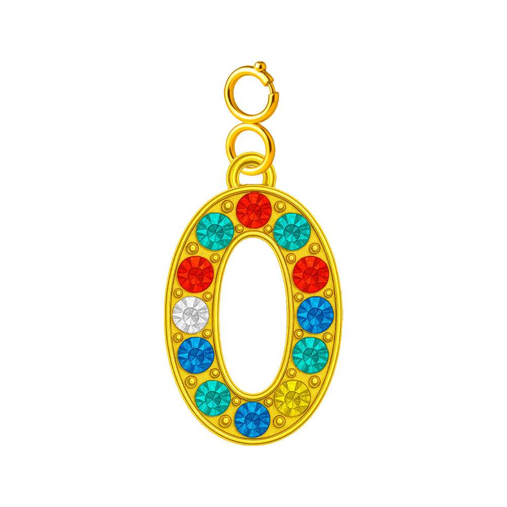 Charm colgante dorado de número 0 con circonitas de colores con cierre de acero