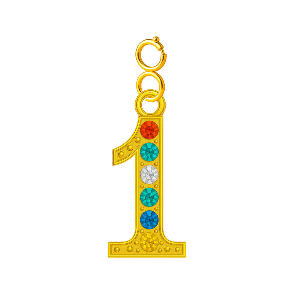 Charm colgante dorado de número 1 con circonitas de colores con cierre de acero
