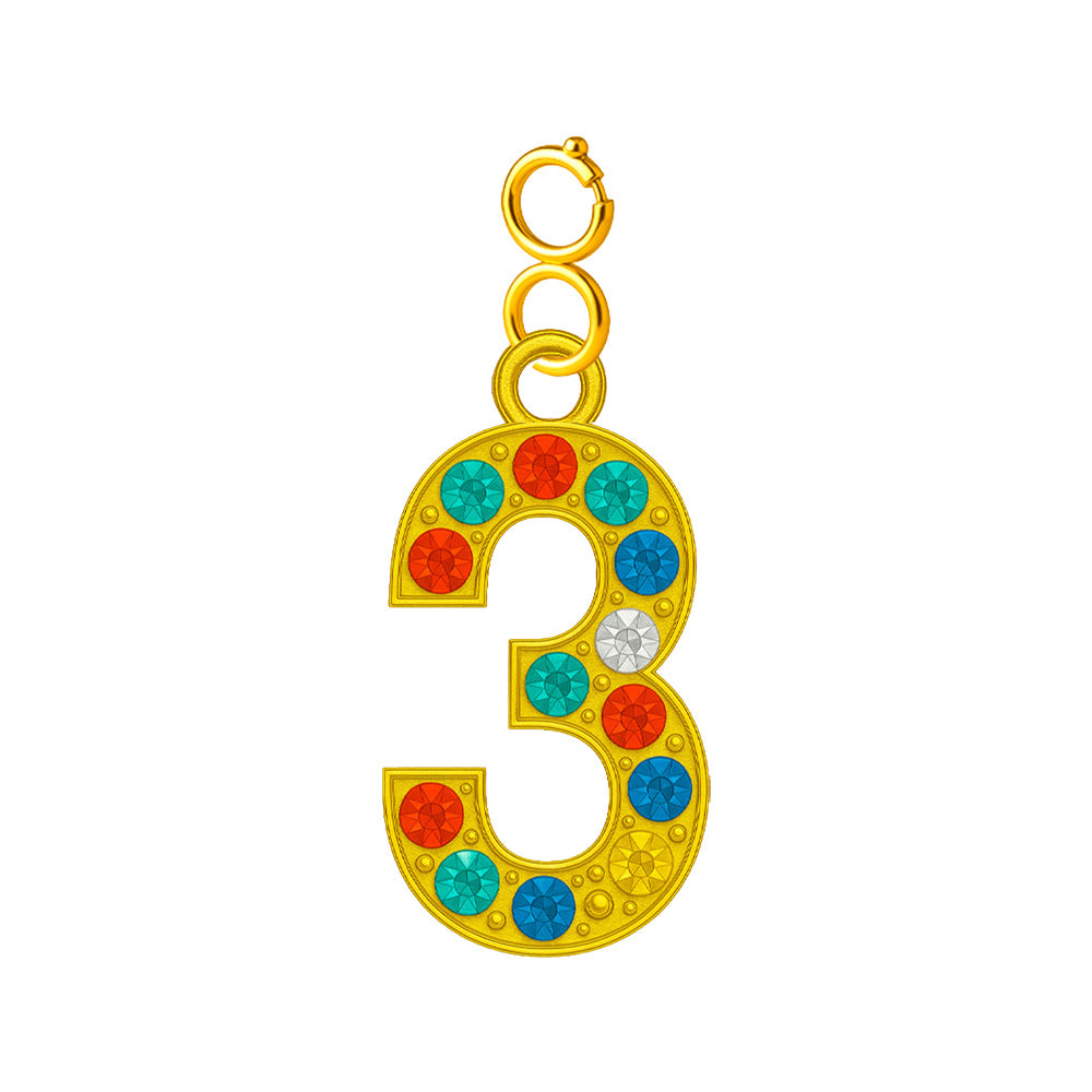 Charm colgante dorado de número 3 con circonitas de colores con cierre de acero