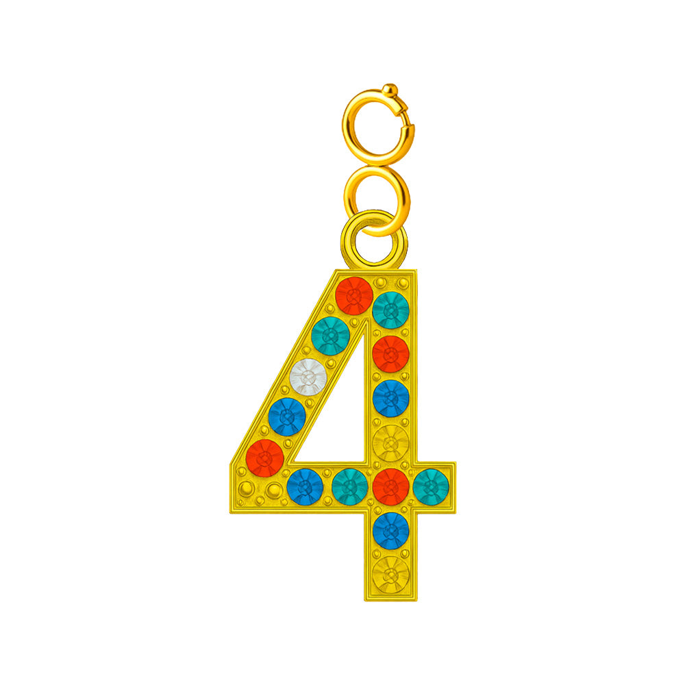 Charm colgante dorado de número 4 con circonitas de colores con cierre de acero