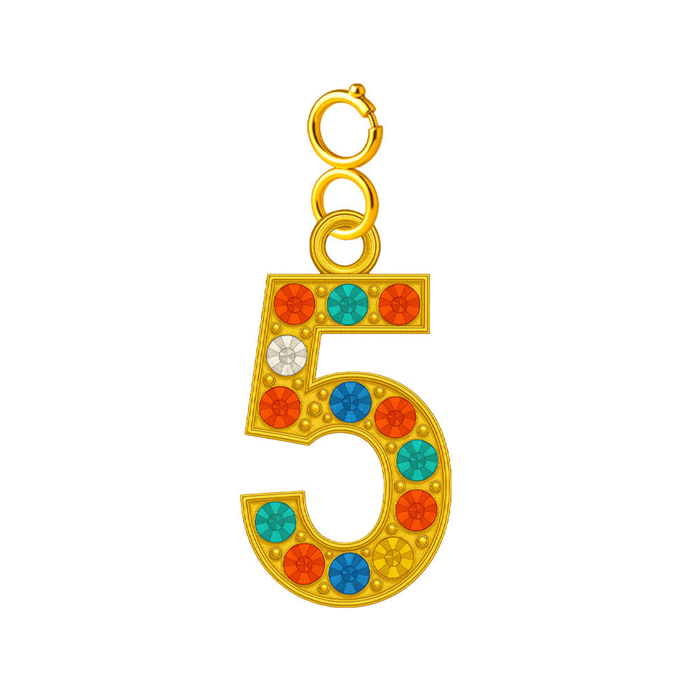 Charm colgante dorado de número 5 con circonitas de colores con cierre de acero