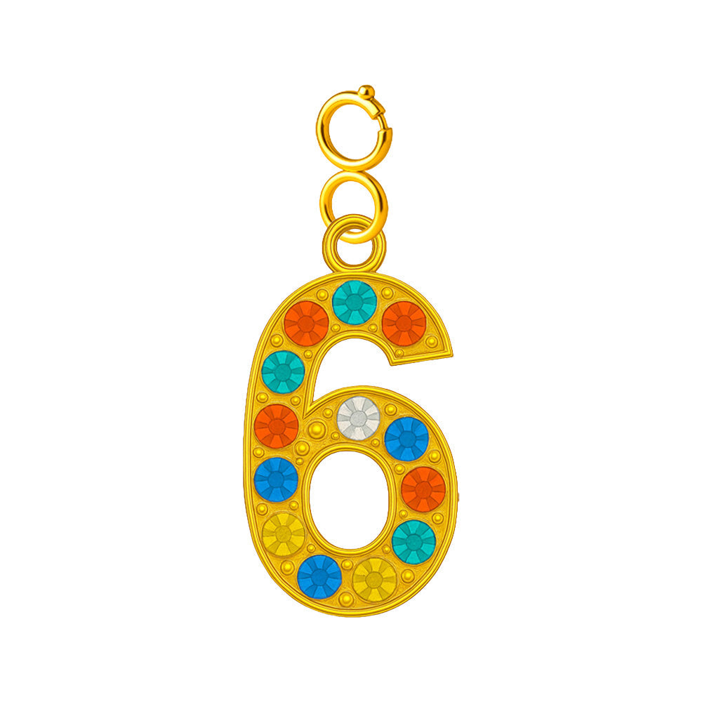 Charm colgante dorado de número 6 con circonitas de colores con cierre de acero