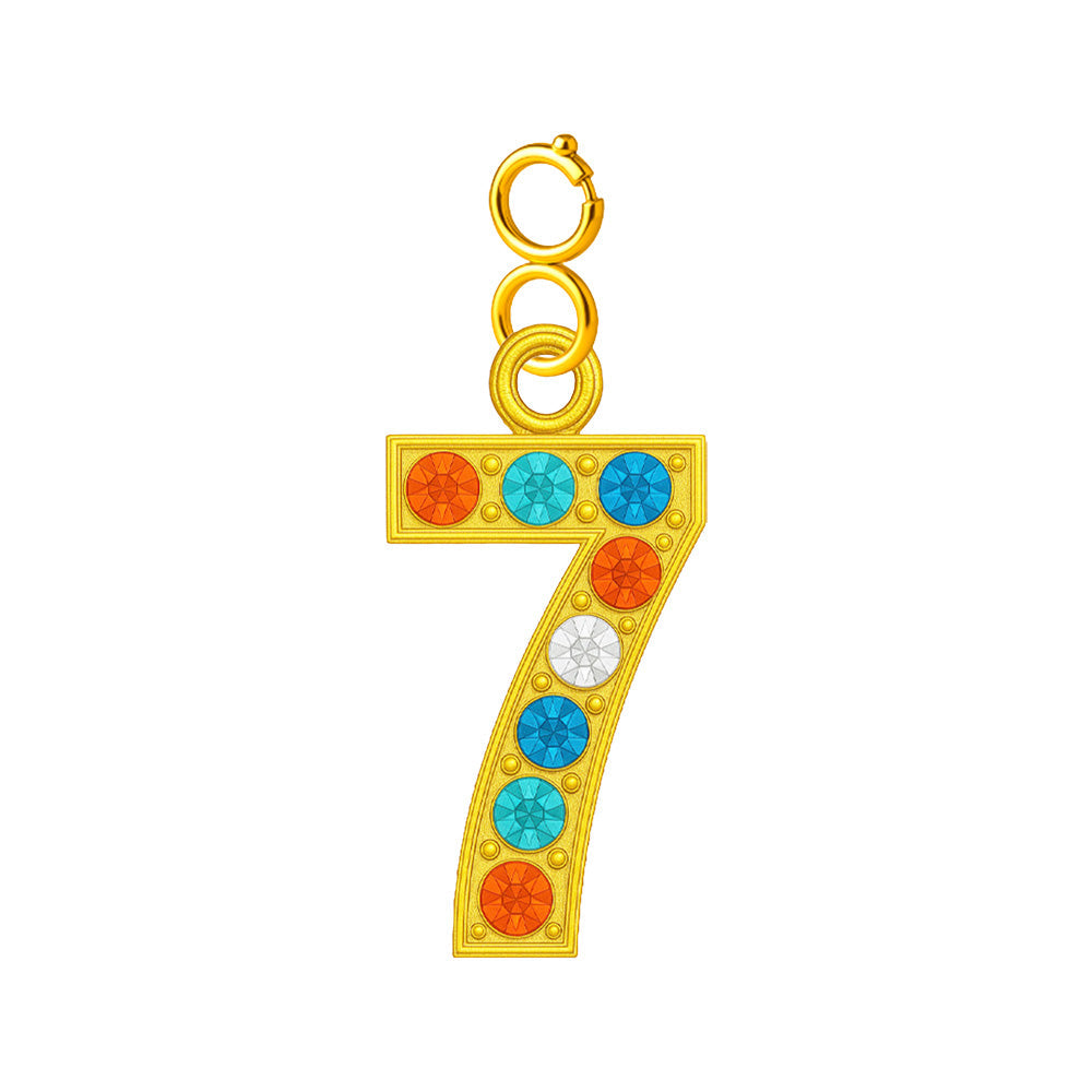 Charm colgante dorado de número 7 con circonitas de colores con cierre de acero