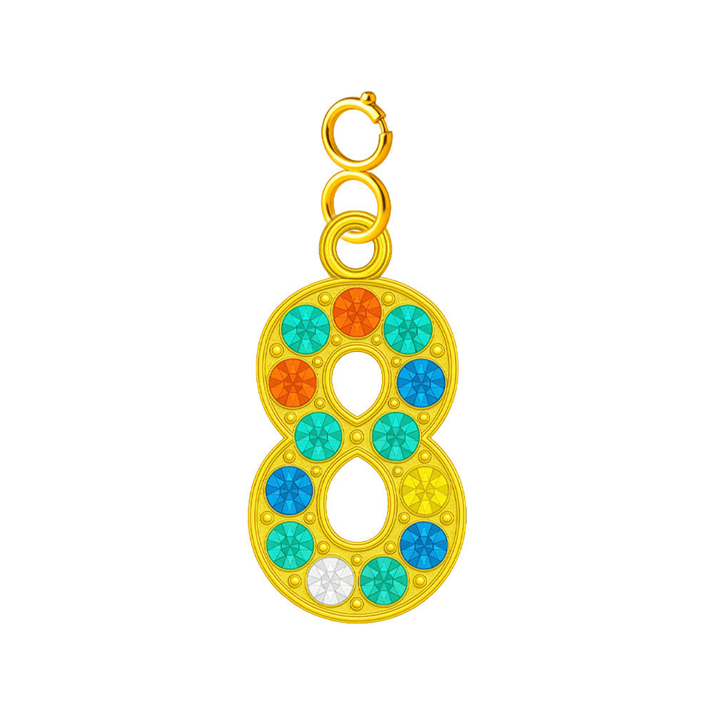 Charm colgante dorado de número 8 con circonitas de colores con cierre de acero