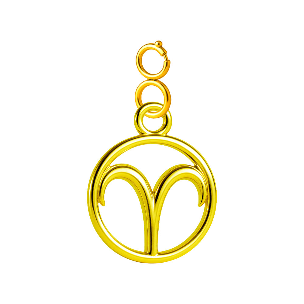 Charm colgante dorado con símbolo de Aries y cierre superior de acero sobre fondo blanco
