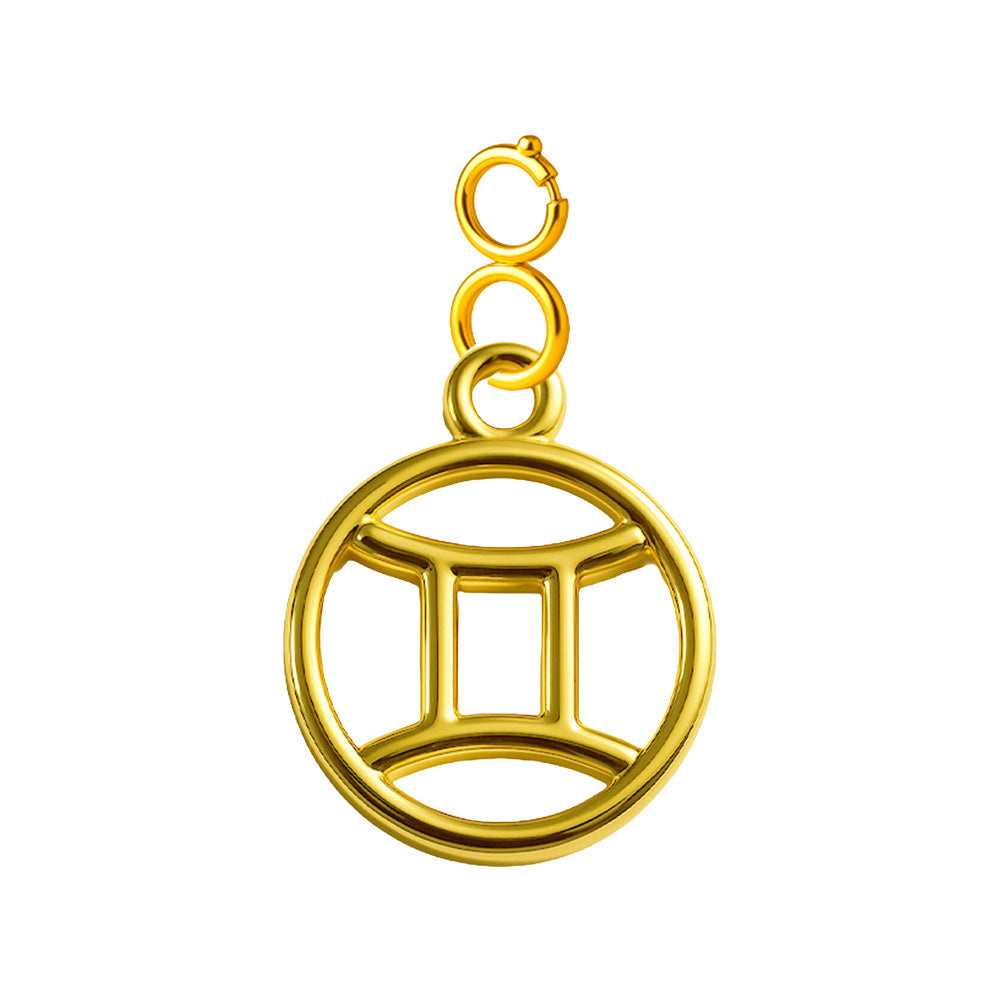 Charm colgante dorado con símbolo de Géminis y cierre superior de acero sobre fondo blanco