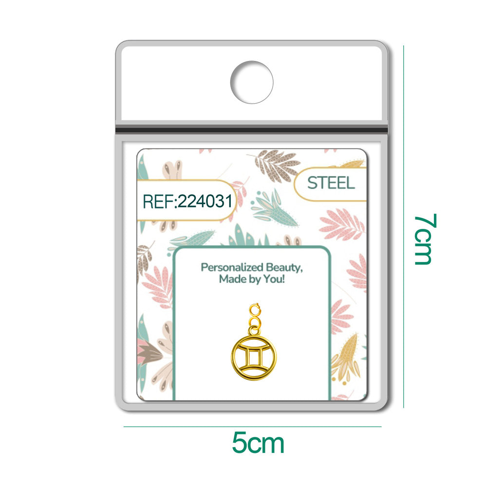Charm colgante dorado con símbolo de Géminis y cierre superior de acero