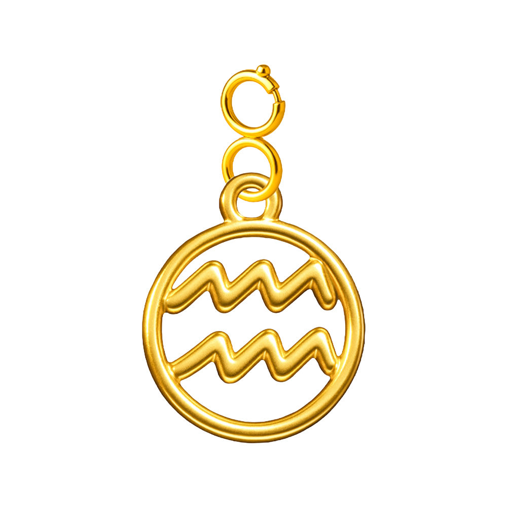 Charm colgante dorado con símbolo de Acuario y cierre superior de acero sobre fondo blanco
