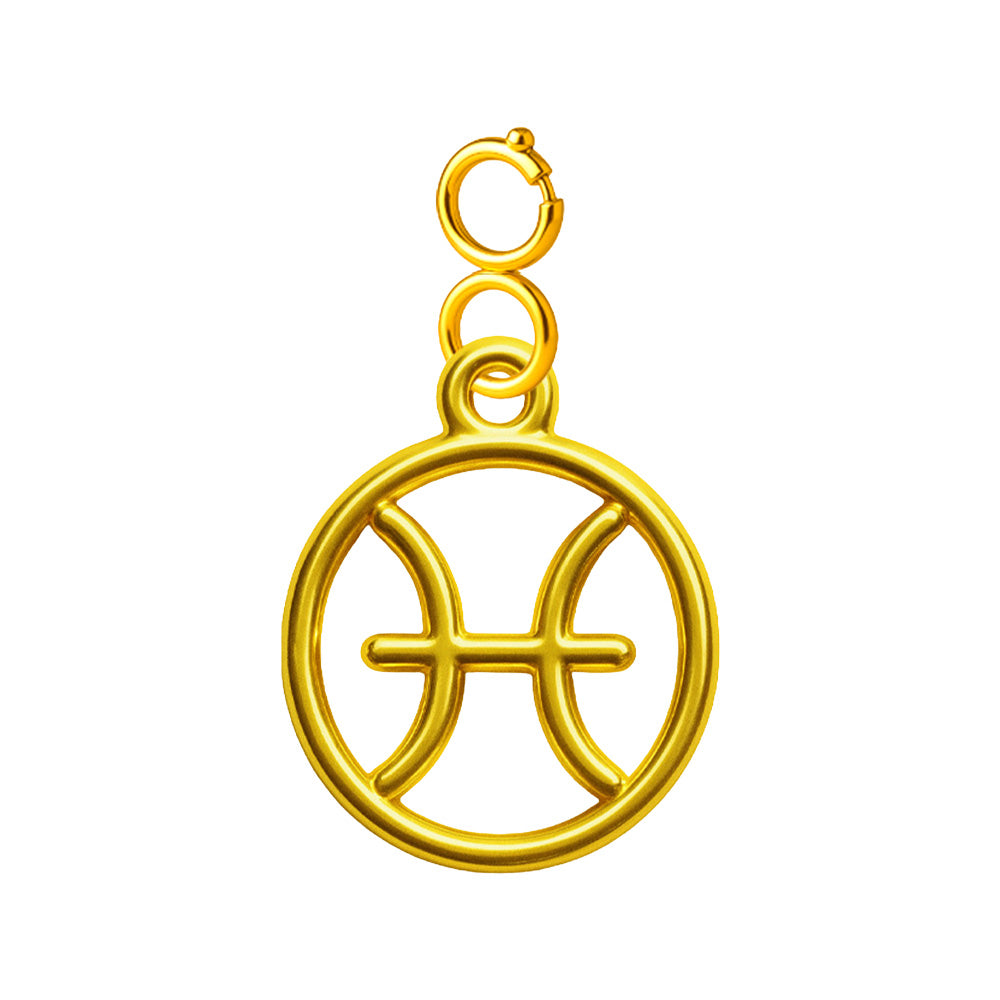 Charm colgante dorado con símbolo de Piscis y cierre superior de acero sobre fondo blanco
