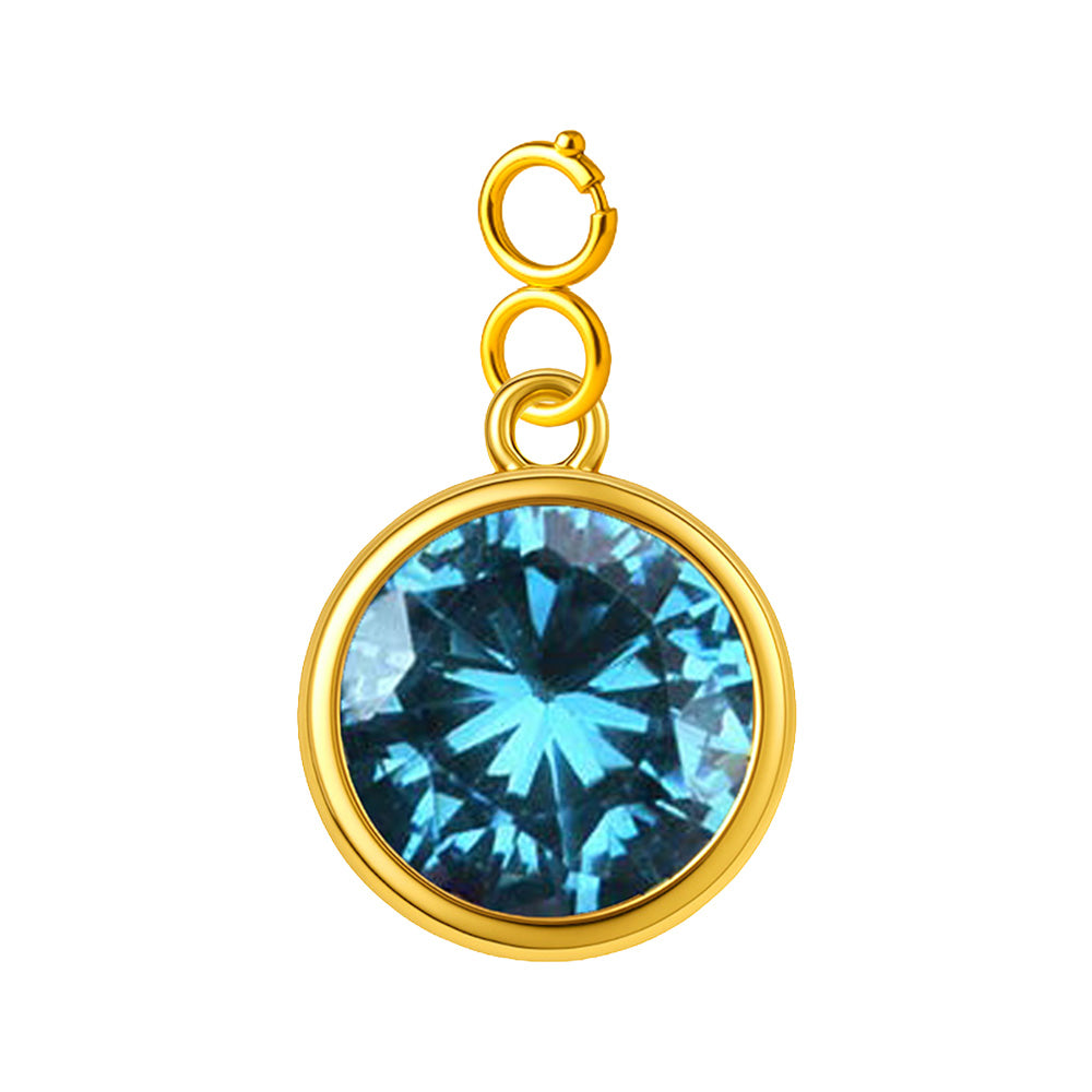 Charm colgante dorado con piedra de nacimiento facetada de Marzo y cierre de acero, sobre fondo blanco