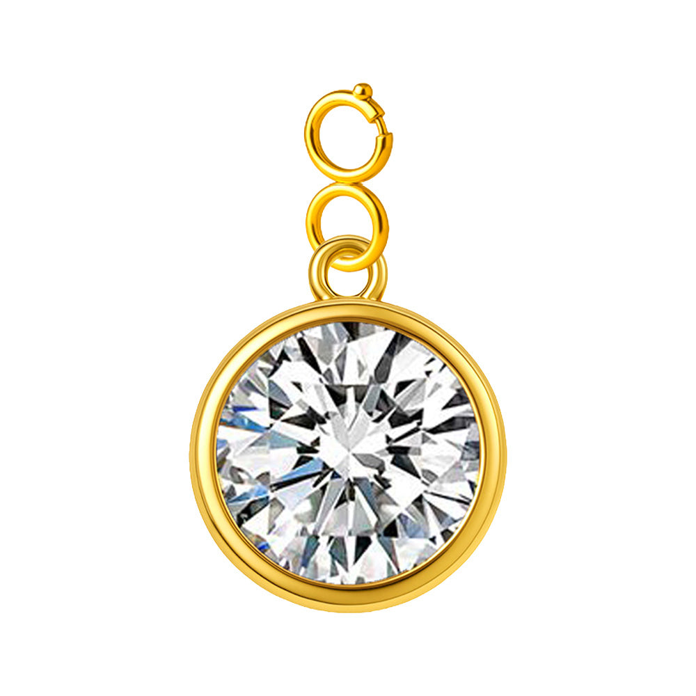 Charm colgante dorado con piedra de nacimiento facetada de Abril y cierre de acero, sobre fondo blanco