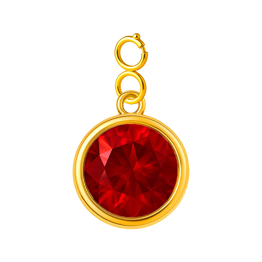 Charm colgante dorado con piedra de nacimiento facetada de Julio y cierre de acero, sobre fondo blanco