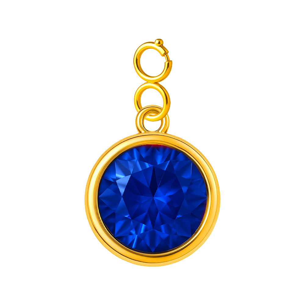 Charm colgante dorado con piedra de nacimiento facetada de Septiembre y cierre de acero, sobre fondo blanco