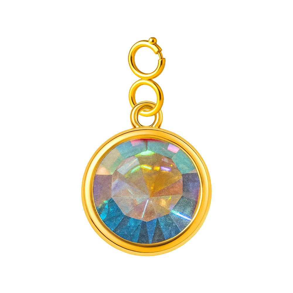 Charm colgante dorado con piedra de nacimiento facetada de Octubre y cierre de acero, sobre fondo blanco