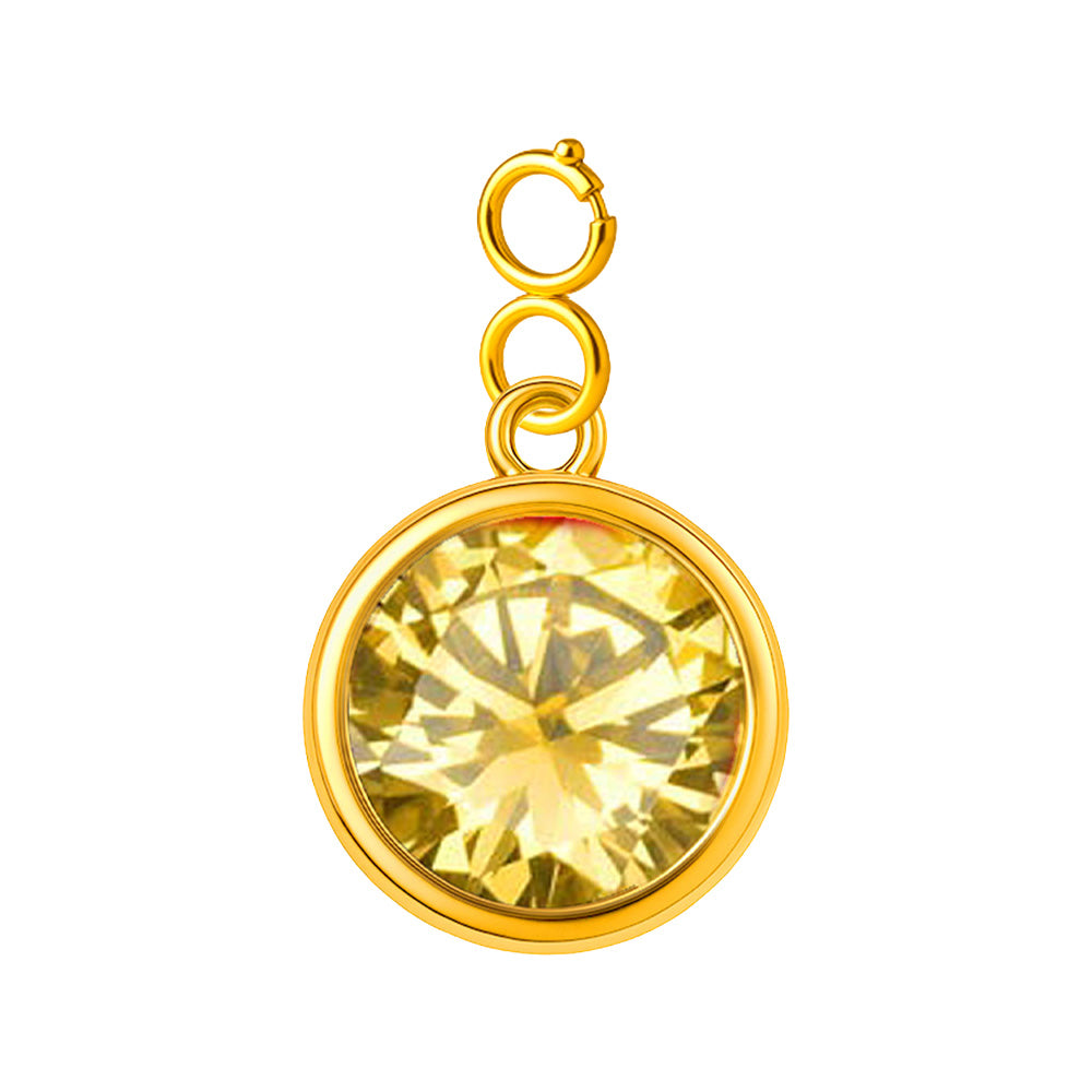 Charm colgante dorado con piedra de nacimiento facetada de Noviembre y cierre de acero, sobre fondo blanco