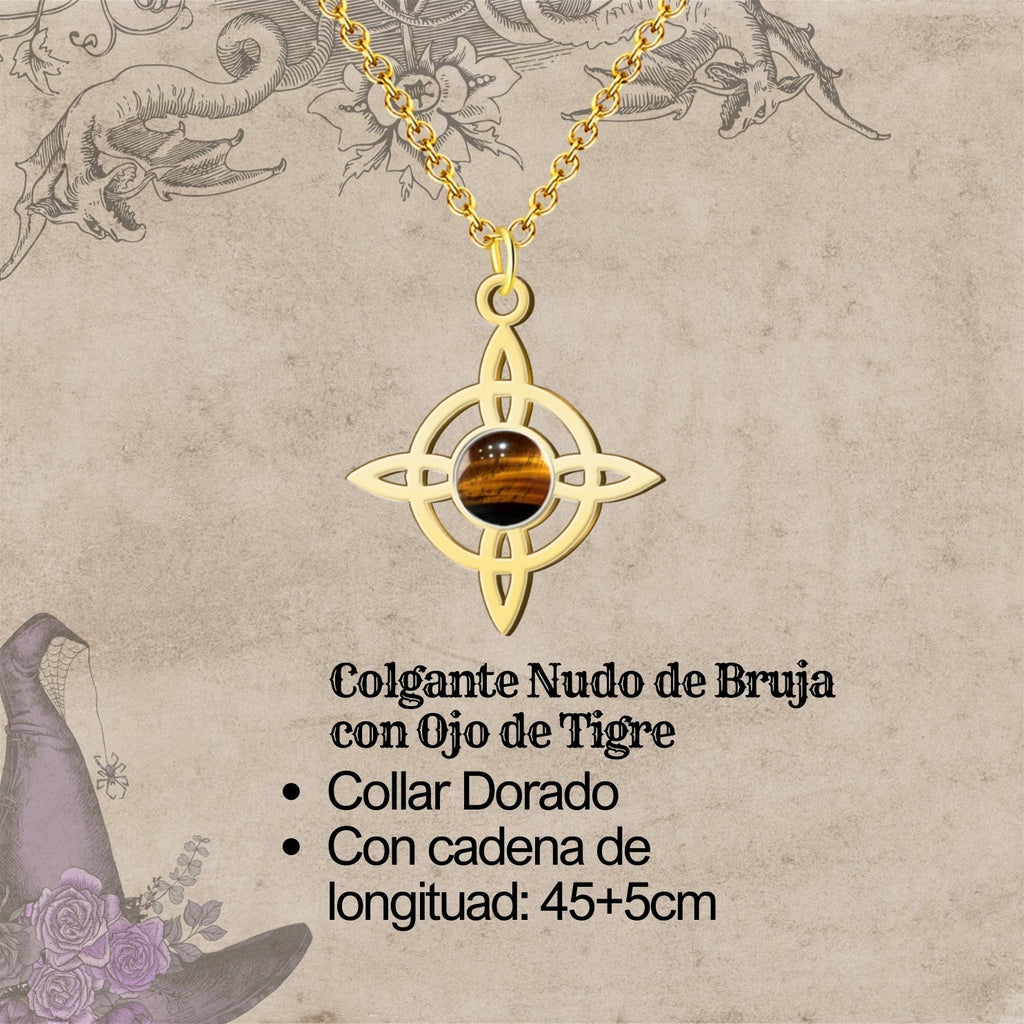 Colgante Nudo de Bruja con Ojo de Tigre en Acero Dorado cotigo