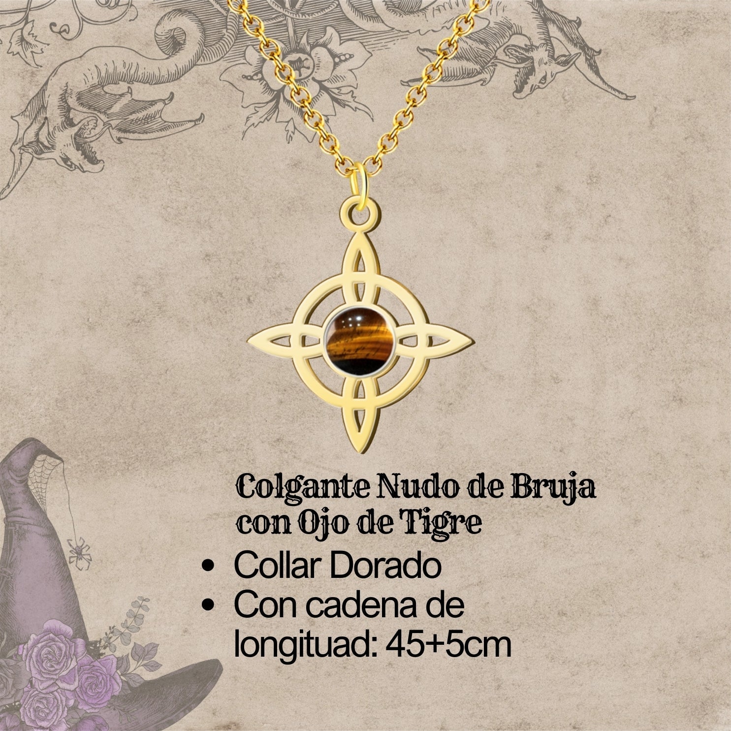 Colgante Nudo de Bruja con Ojo de Tigre en Acero Dorado cotigo