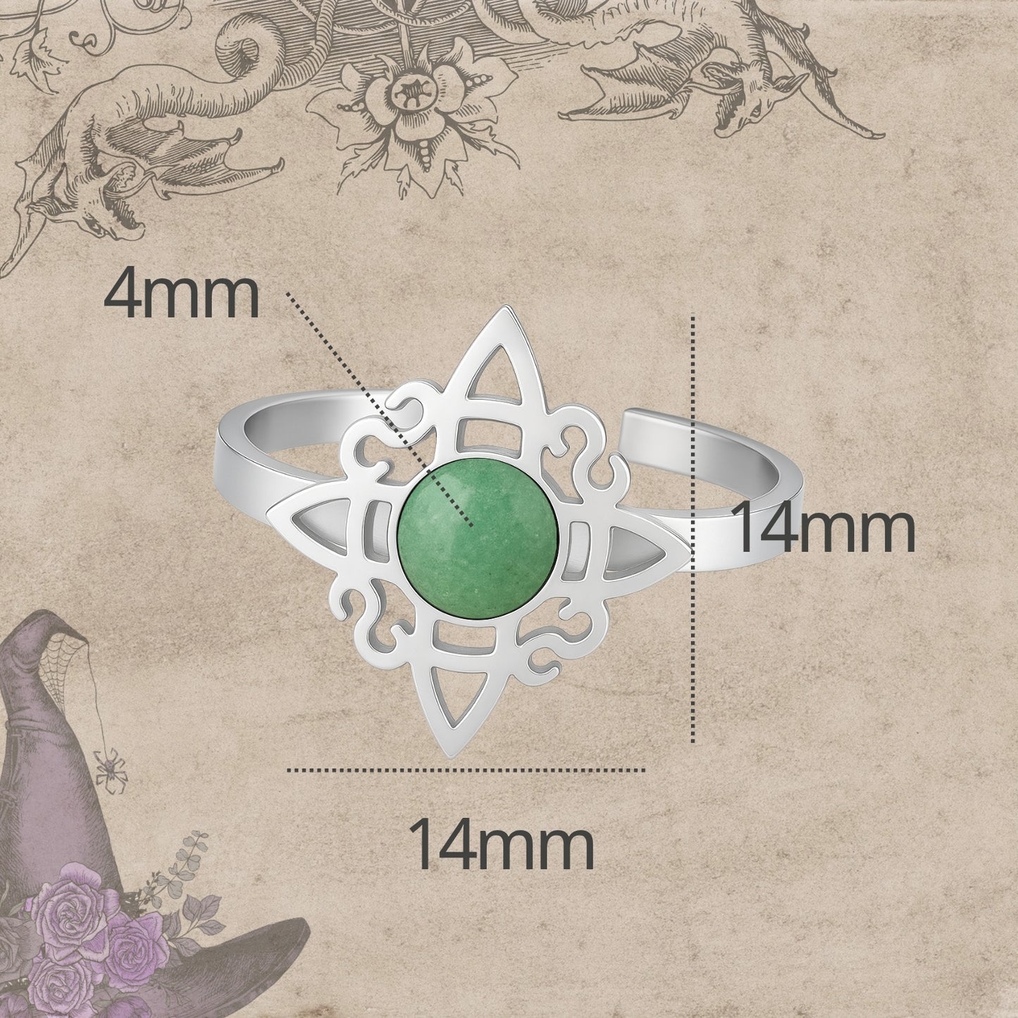 Anillo Nudo de Bruja Acero Plateado con Aventurina Verde