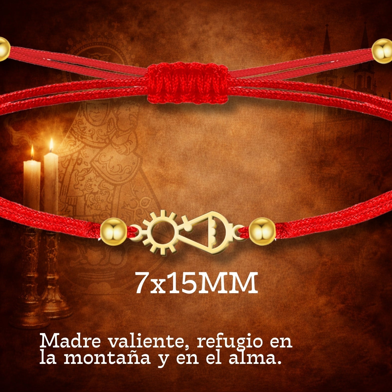 Pulsera Virgen de Covadonga Hilo Rojo en Acero Dorado cotigo