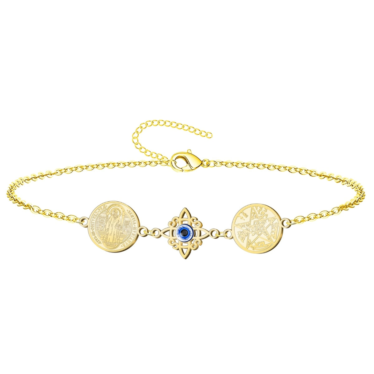 Pulsera de acero inoxidable dorado con tres amuletos de poder: la medalla de San Benito, un Nudo de Bruja con Ojo Turco azul en el centro, y el pentagrama del Tetragrammaton.