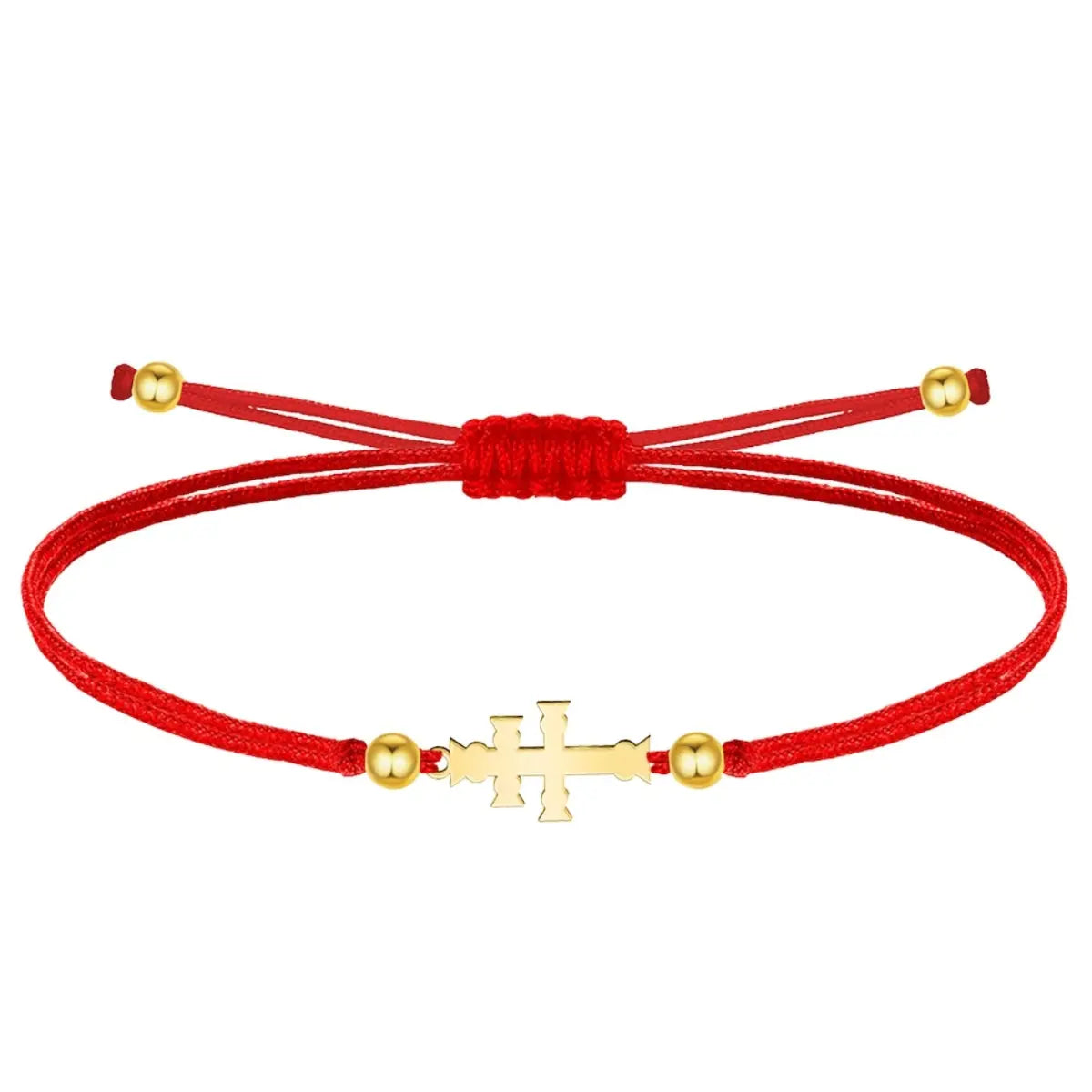 Pulsera de hilo rojo encerado con la Cruz de Caravaca en acero dorado, cierre de nudo corredizo ajustable y cuentas doradas decorativas