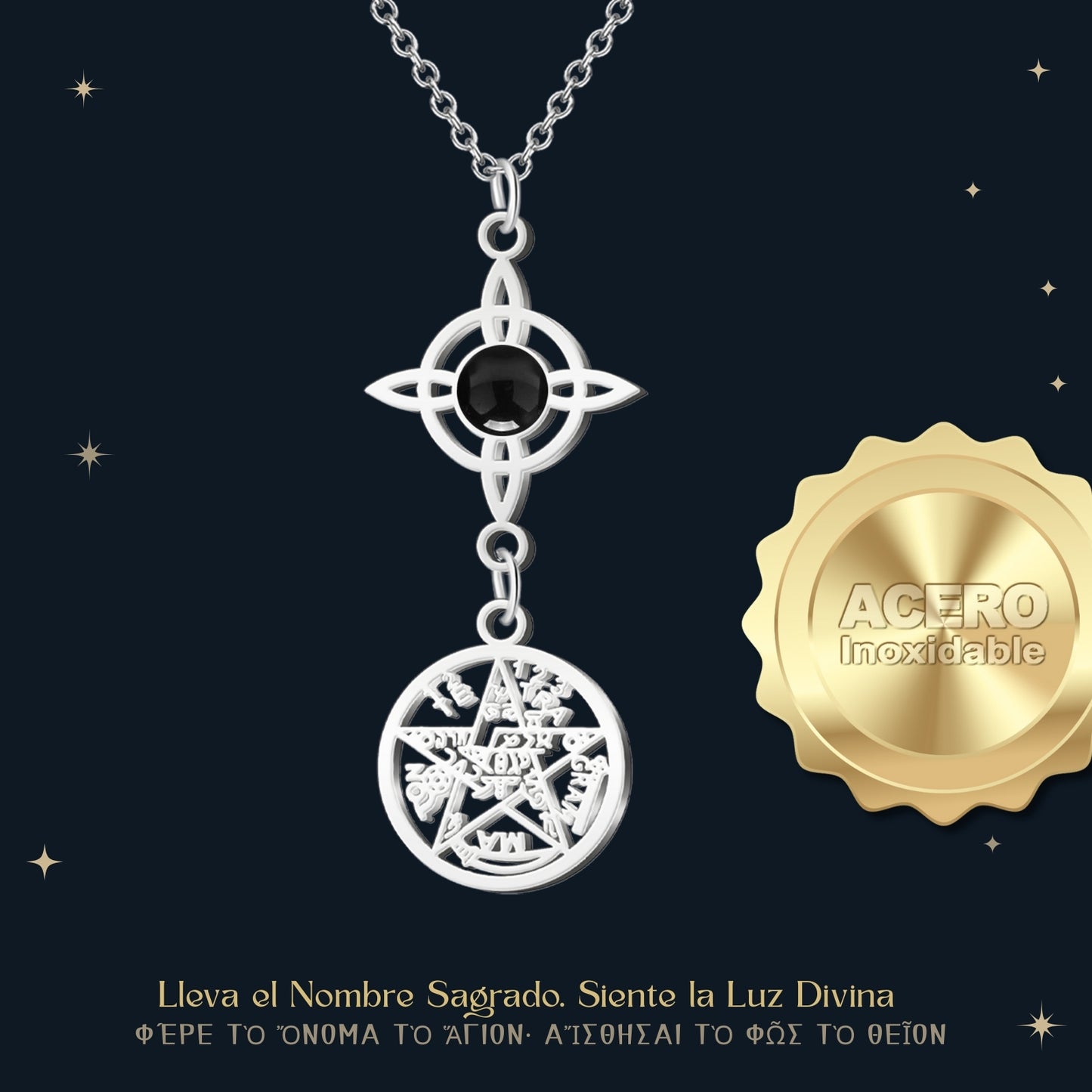 Colgante Tetragrammatón con Nudo de Bruja y Ágata Negra – Protección Profunda y Estabilidad en Acero Inoxidable