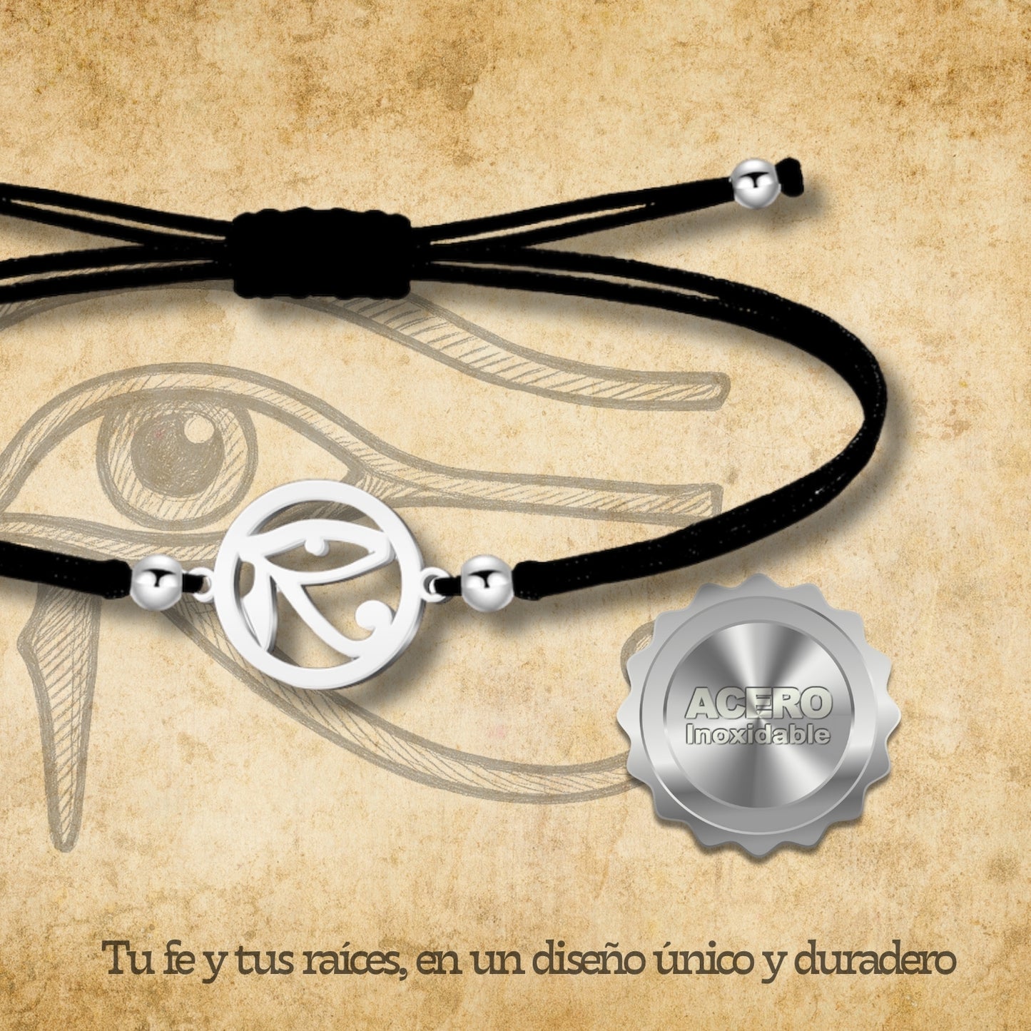 Pulsera Hilo encerado con Ojo horus Acero Plateado