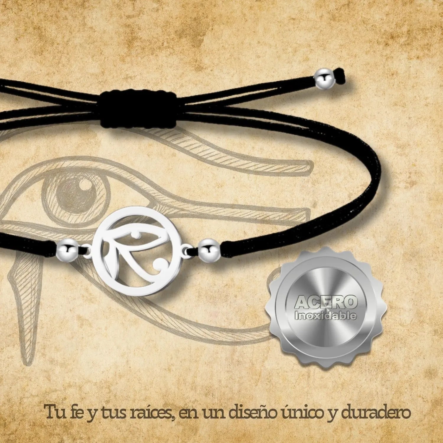Pulsera Ojo de Horus con Hilo Negro Ajustable en Acero acabado
