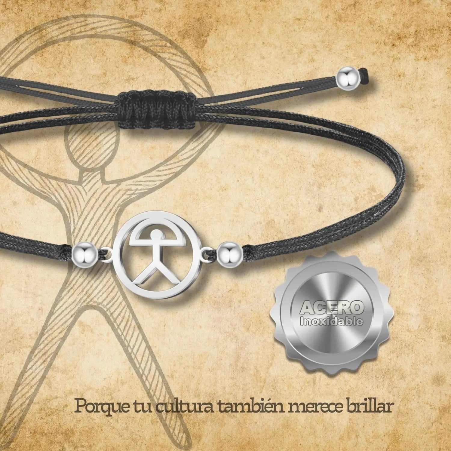 Pulsera de Hilo Negro con Indalo en Acero Plateado acabado