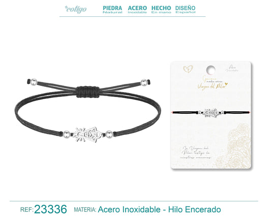 Pulsera Hilo Encerado Negro con Silueta de Virgen del Pilar en Acero