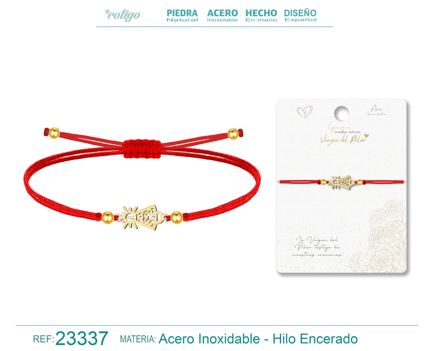 Pulsera Hilo Encerado Rojo con Silueta de Virgen del Pilar en Acero Dorado