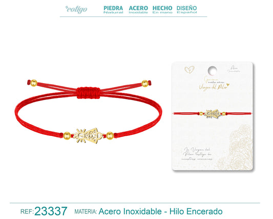 Pulsera Hilo Encerado Rojo con Silueta de Virgen del Pilar en Acero Dorado