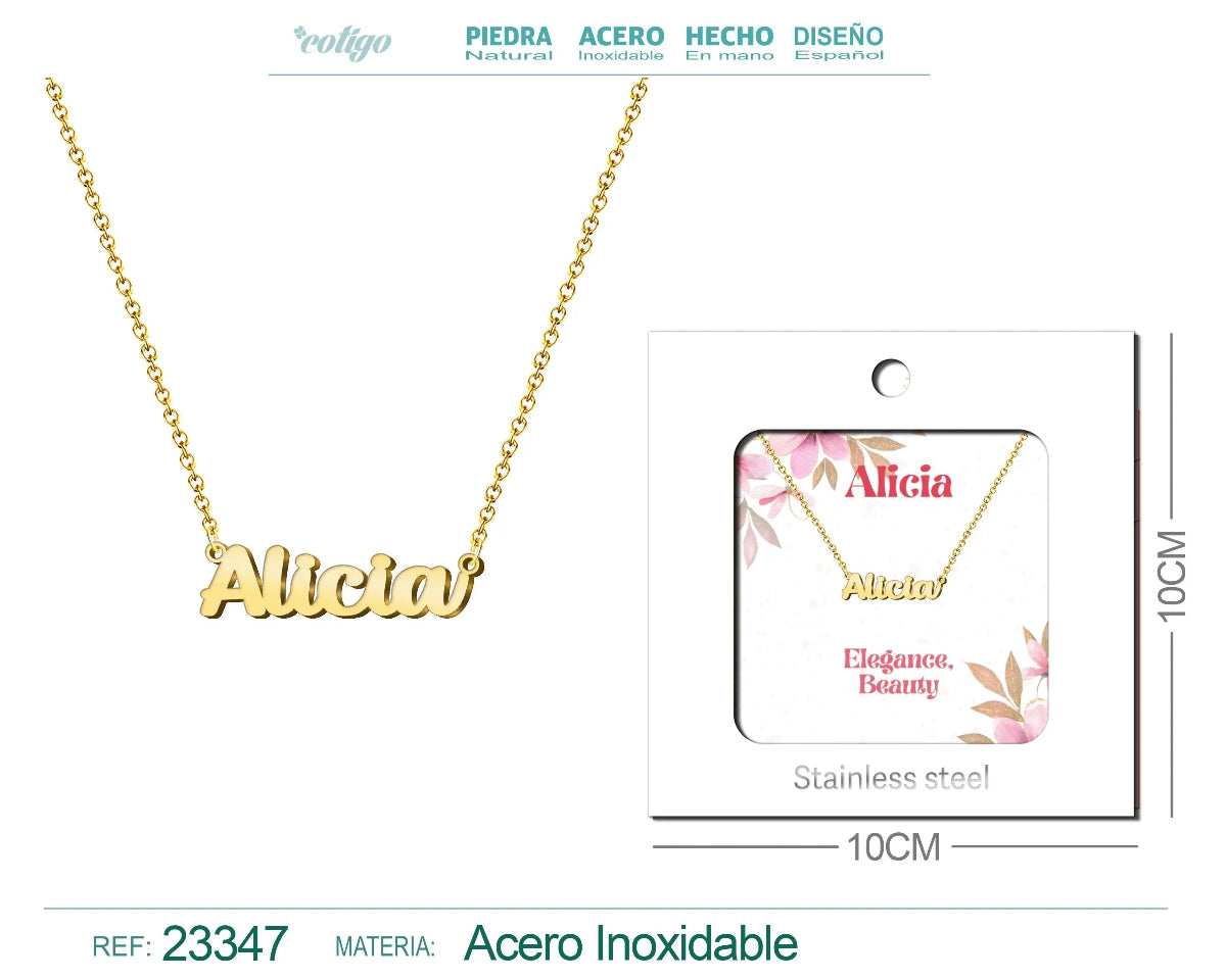 Collar dorado con nombre Alicia diseño elegante cursiva y acabado brillante