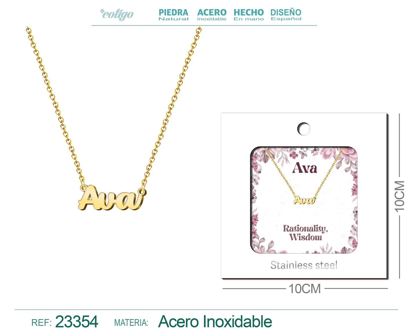 Collar Nombre Ingles Ava Acero con Sobre