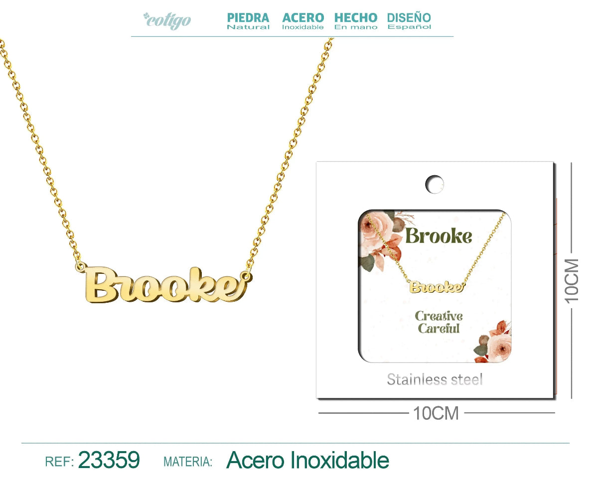Collar dorado con nombre Brooke escrito en inglés diseño moderno y acabado brillante