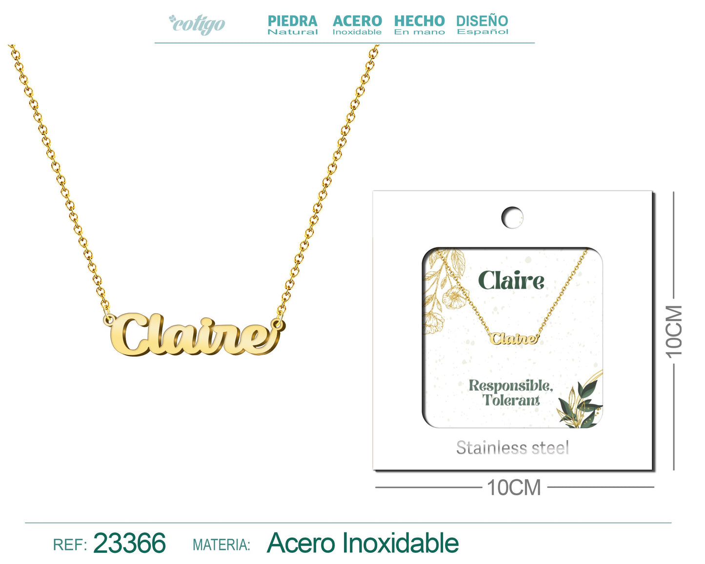 Collar Nombre Ingles Claire Acero con Sobre