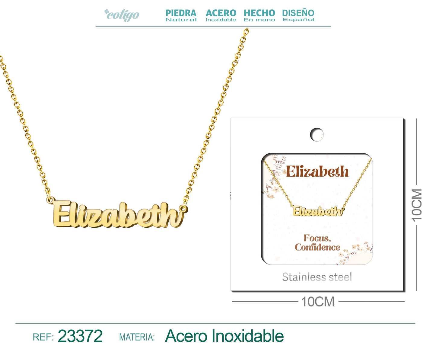 Collar Nombre Ingles Elizabeth Acero con Sobre
