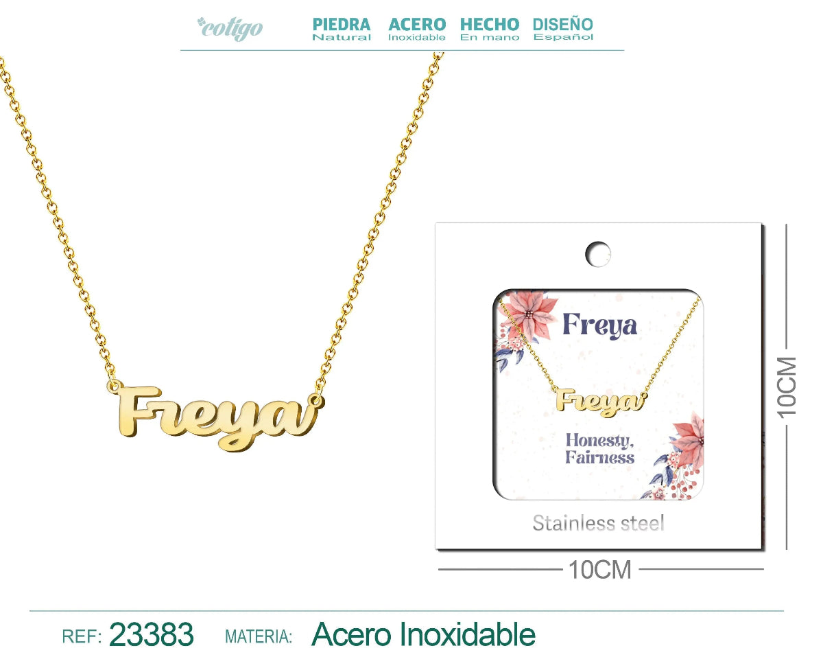Collar dorado con nombre Freya escrito en inglés diseño místico y acabado brillante