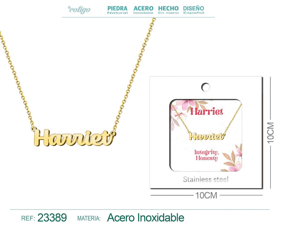 Collar dorado con nombre Harriet escrito en inglés diseño vintage británico y acabado brillante