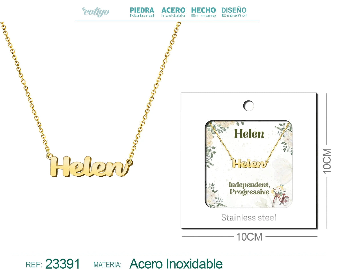 Collar dorado con nombre Helen escrito en inglés diseño clásico y acabado brillante