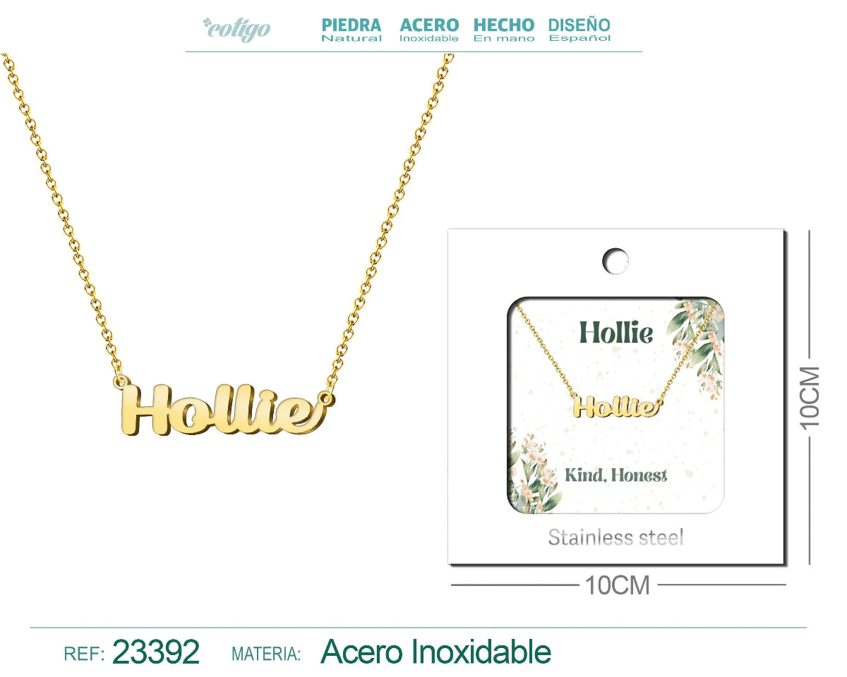 Collar dorado con nombre Hollie escrito en inglés diseño alegre y acabado brillante