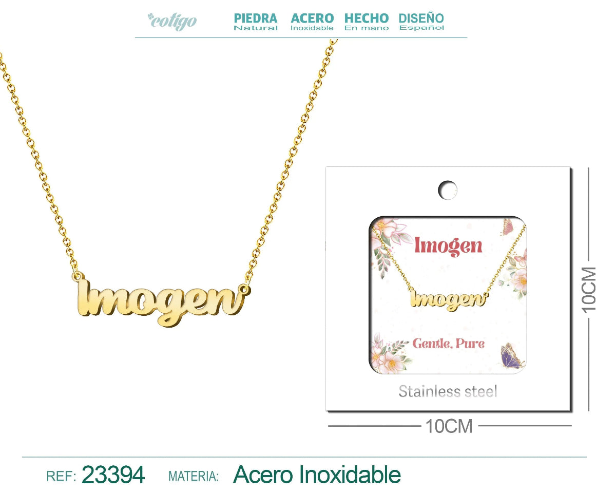 Collar dorado con nombre Imogen escrito en inglés diseño literario y acabado brillante