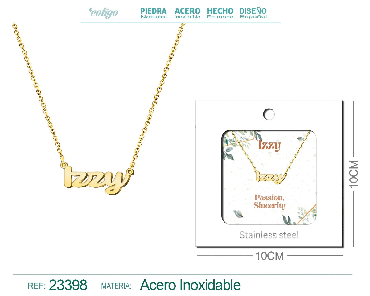 Collar dorado con nombre Izzy escrito en cursiva diseño juvenil moderno y acabado brillante